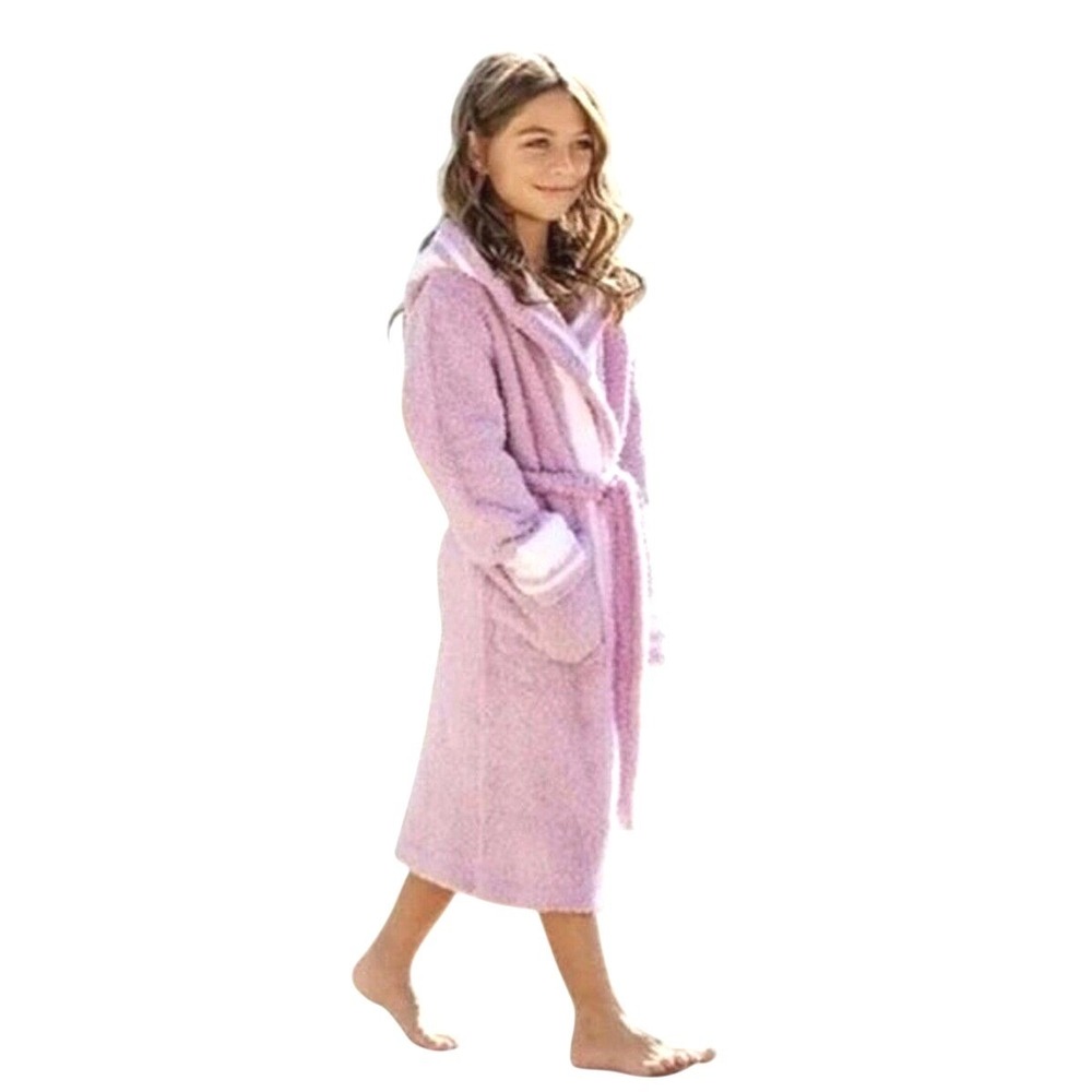 Barefoot Dreams Robe Girls Sz‎ 12/14 Lavender Purple CozyChic Hooded Striped 813